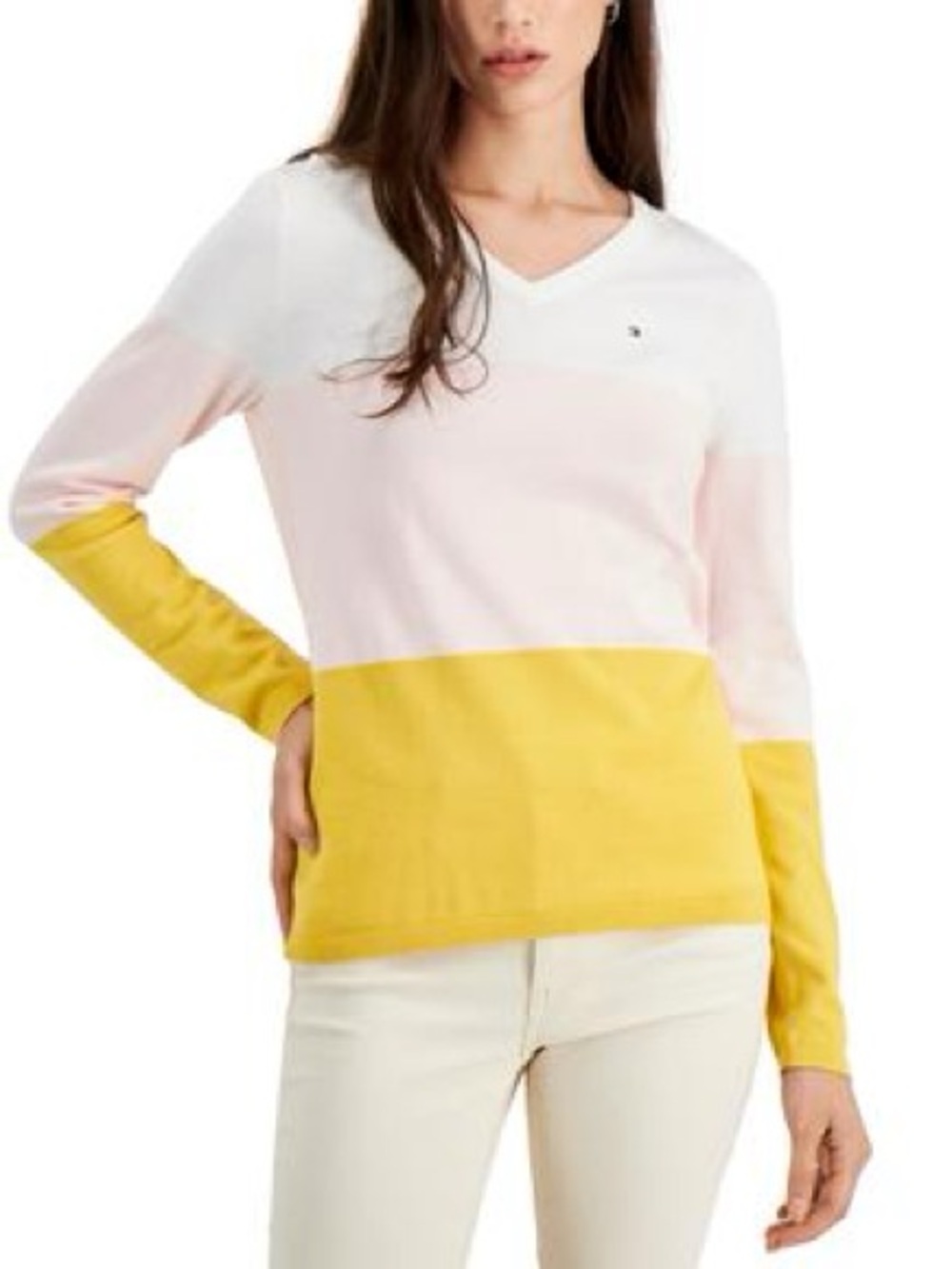 New Tommy Hilfiger Color Block Sweater V Neck Lightweight Thin Size Medium